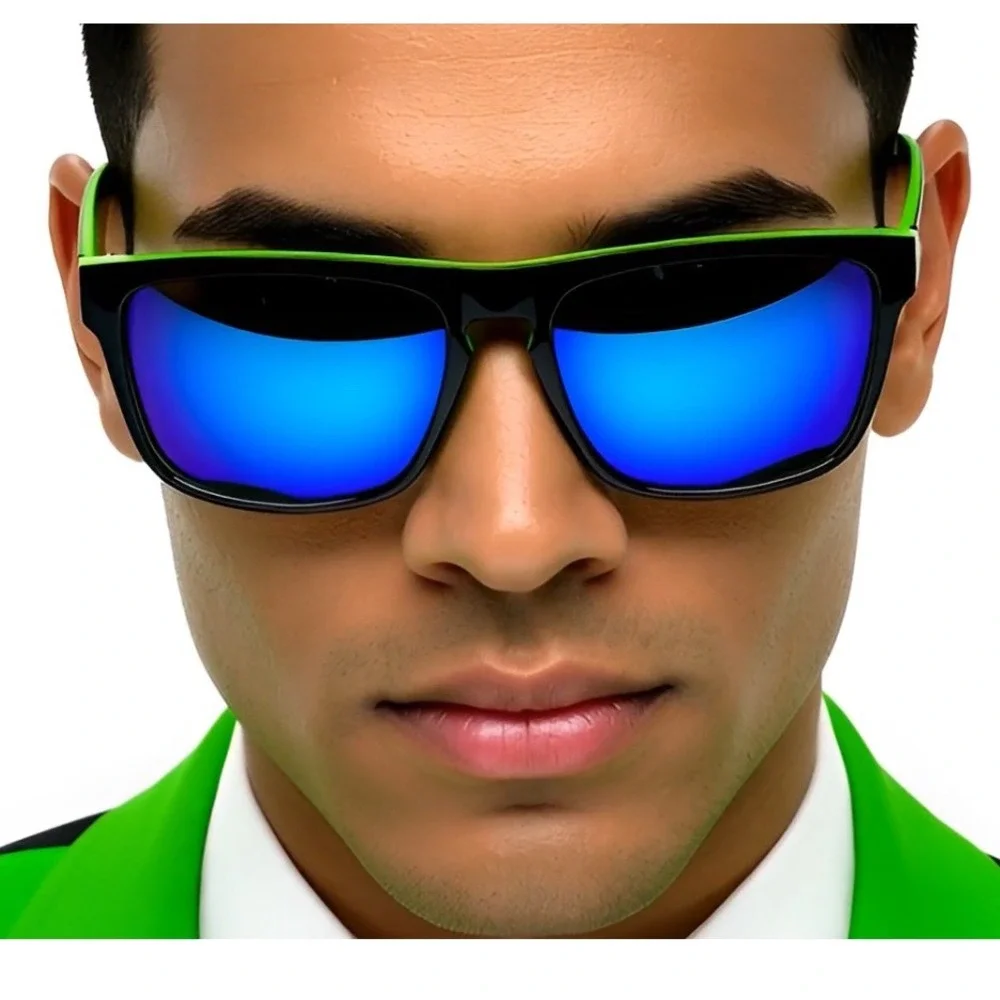 Polarized Sport Sunglasses Men Black Neon Green Mirror Lens UV Protection Safety